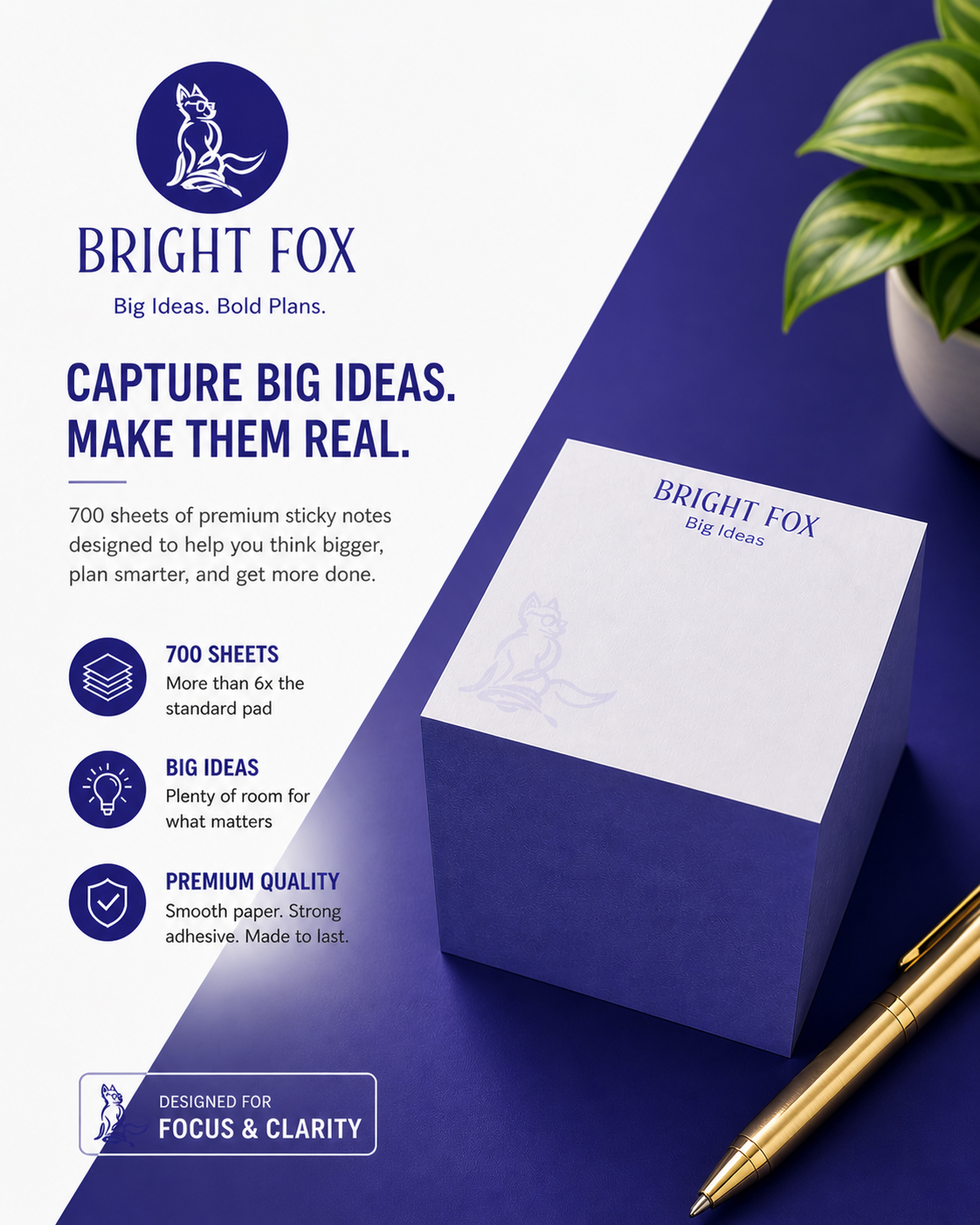 Big Ideas Sticky Notes – 700 Large Notes for Brainstorming & Planning | Bright Fox 3.4”